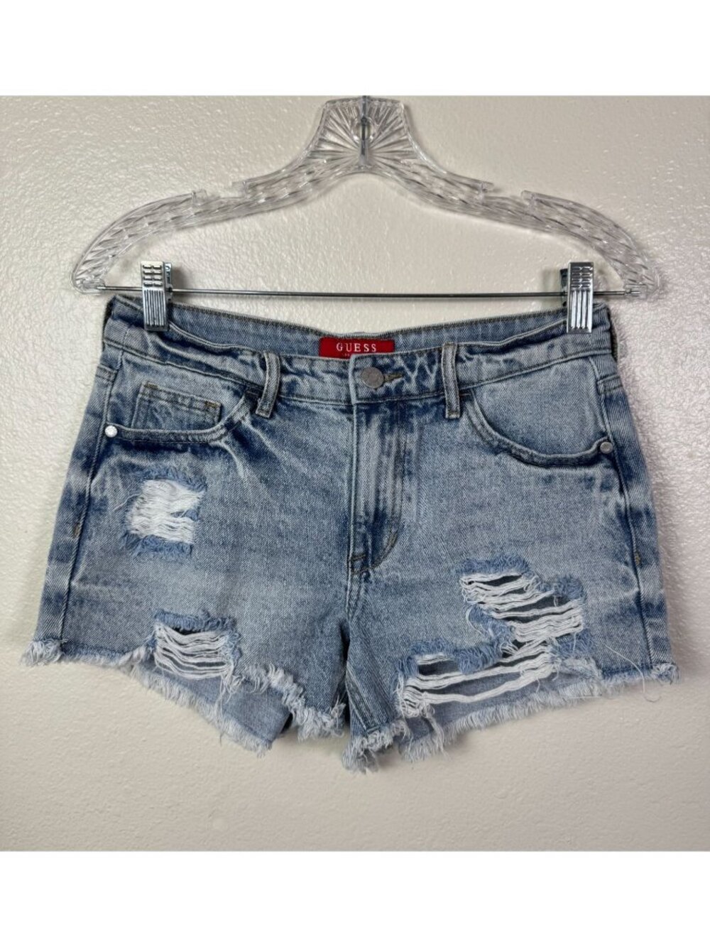 Guess Womens Blue Distressed Denim Jean Shorts Light Wash Size 26 3" casual Boho